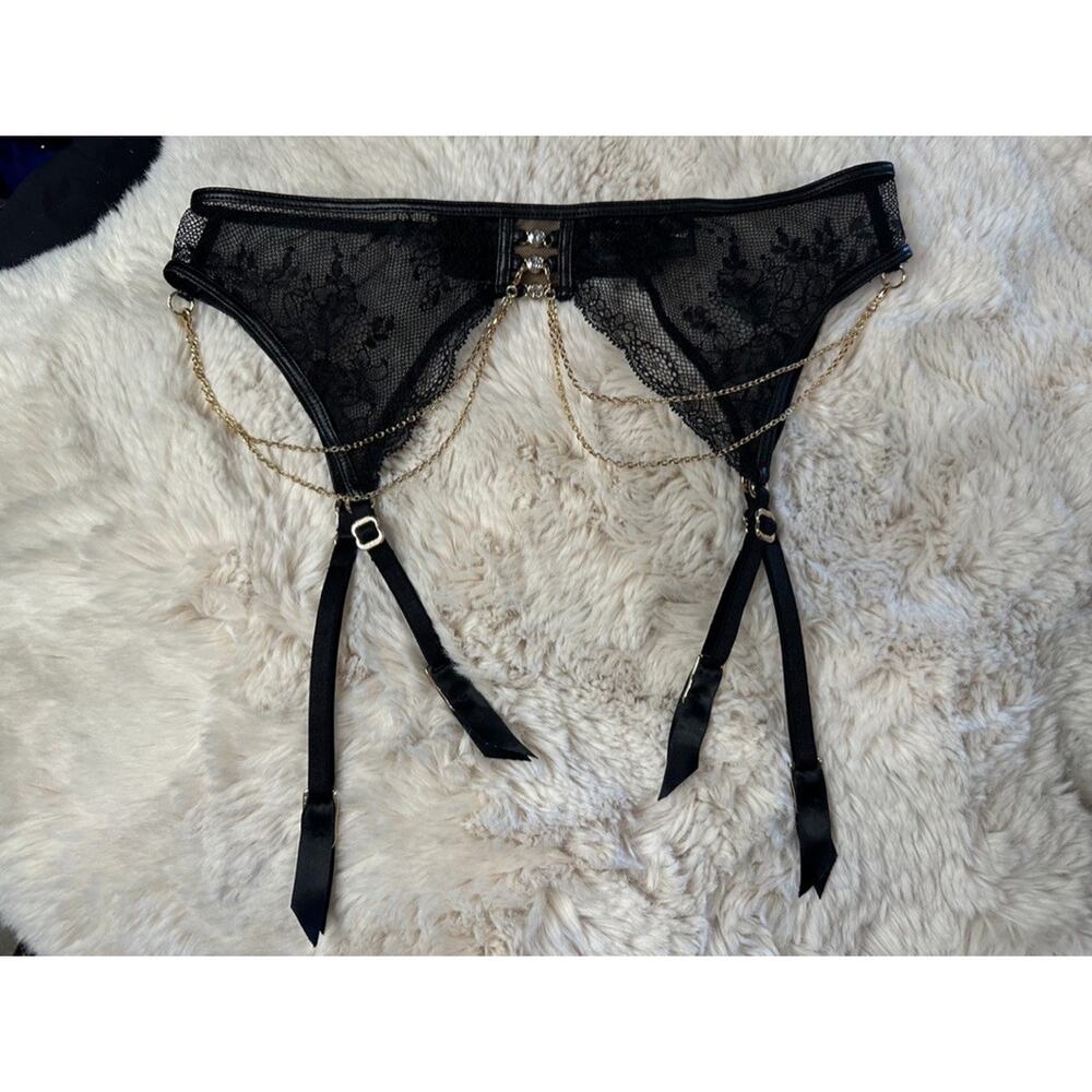 Honey Birdette MAKARA🖤 Black Gold Chain Lace Garter Suspender Belt XSmall